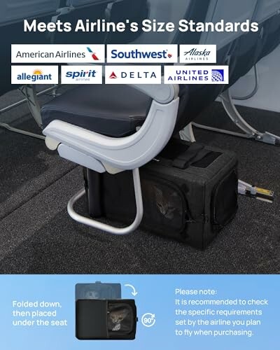 Tragetasche für Haustiere unter einem Flugzeugsitz.