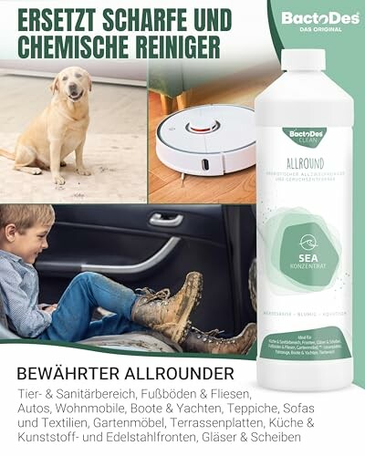 Werbung für BactoDes Allround Reiniger mit Hund und Staubsauger.
