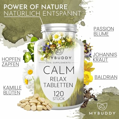 Nahrungsergänzungsmittel für Hunde mit natürlichen Zutaten wie Kamille und Passionsblume.