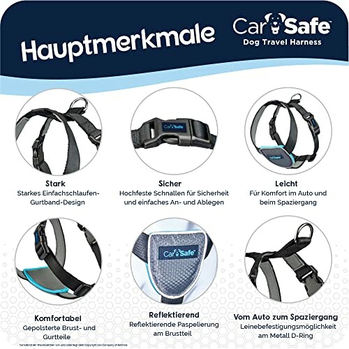 CarSafe Hundegeschirr mit Merkmalen wie starkes Design, Sicherheit, Leichtigkeit, Komfort, Reflektierend und Vielseitigkeit.