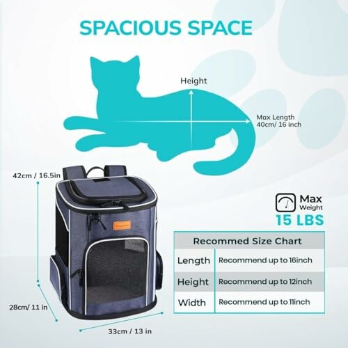 Katzenrucksack mit Größenangaben und Silhouette einer Katze.