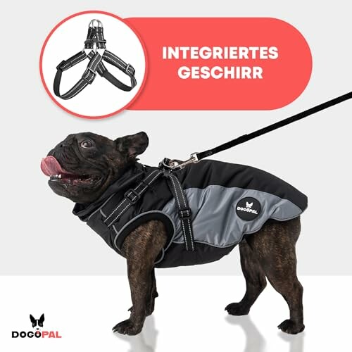 Hund mit integriertem Geschirr und Leine.