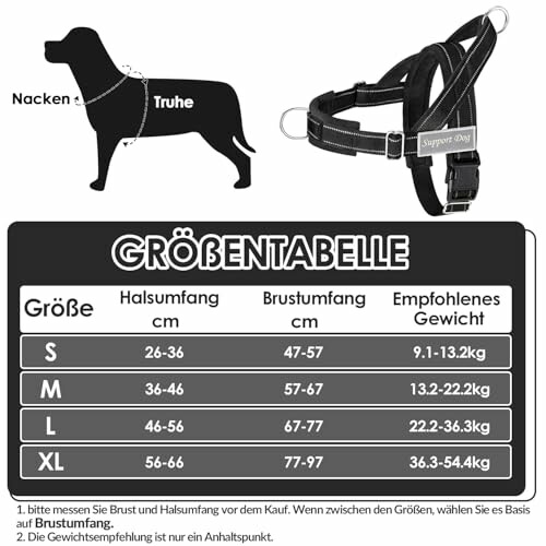 Größentabelle für Hundegeschirr mit Größen S bis XL und Messanleitung.