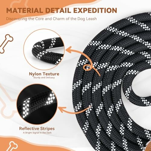 Nahaufnahme einer Hundeleine mit Nylontextur und reflektierenden Streifen.