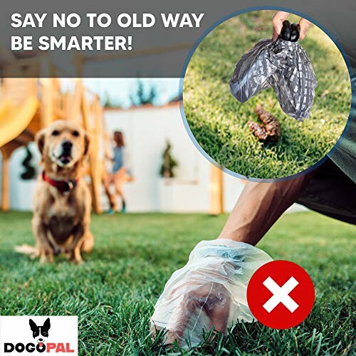 Hund mit Plastikbeutel und Hand, die Hundekot aufnimmt.