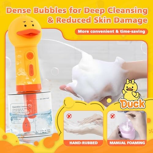 Entenförmiger Schaumreiniger für sanfte Hautreinigung.