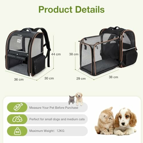 Erweiterbarer Haustier-Rucksack mit Größenangaben