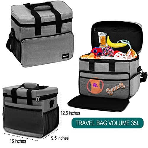 Graue Kühltasche mit Snacks und Spielzeug.