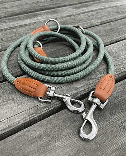 Grüne Hundeleine mit Lederdetails auf Holztisch.