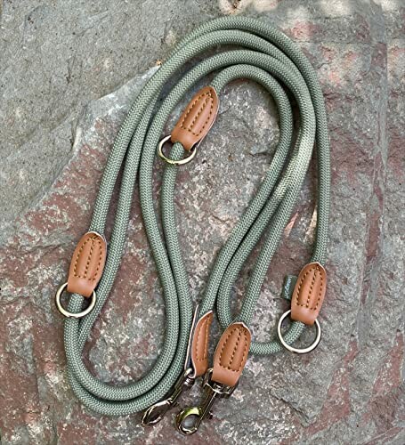 Grüne Hundeleine mit Lederakzenten auf Steinboden.