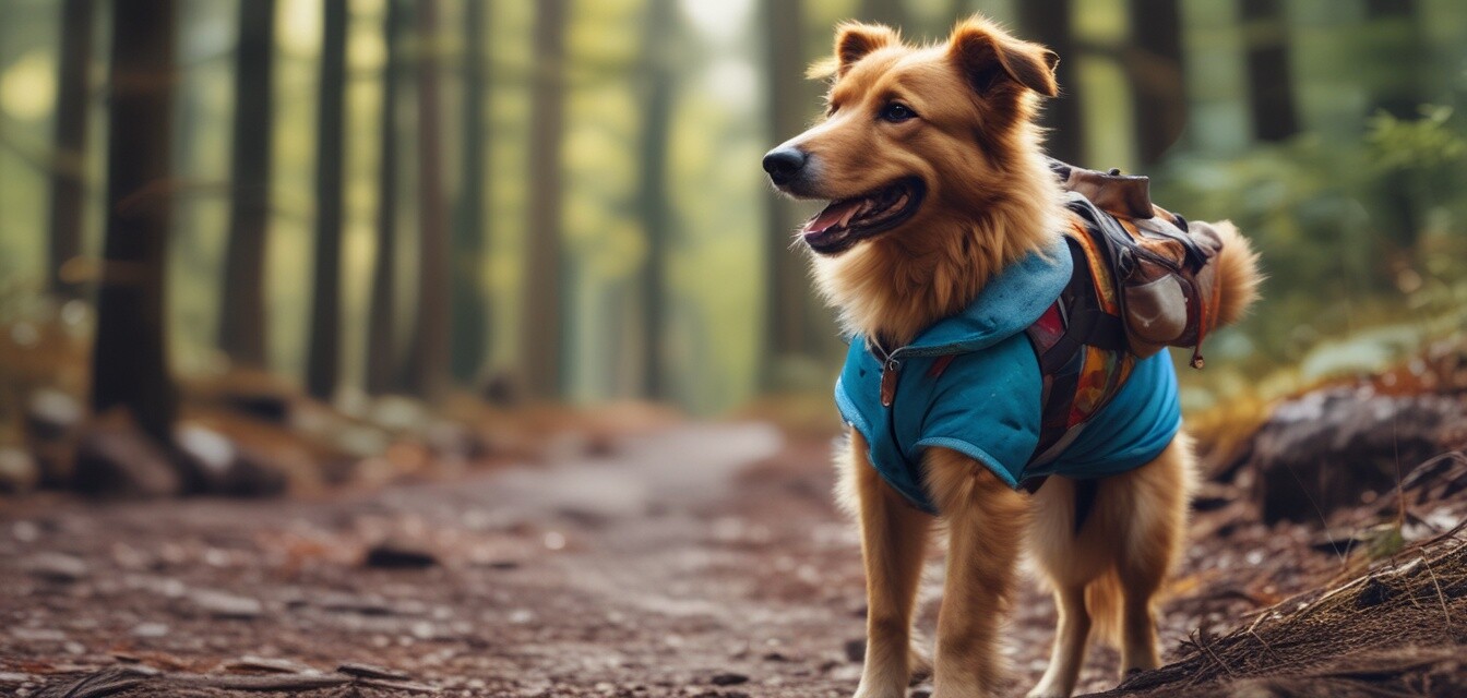 Glücklicher Hund in Campingkleidung