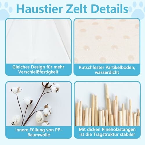 Details eines Haustierzelt mit Design, rutschfestem Boden, Baumwollfüllung und stabilen Stangen.