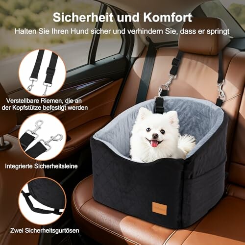 Hund in einem Autositz für Sicherheit und Komfort.