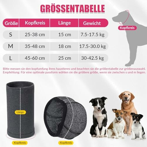 Größentabelle für Hundehalsbänder mit Größen S, M, L.