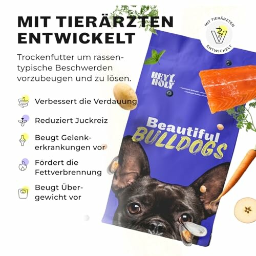 Trockenfutter für Bulldogs zur Unterstützung der Verdauung und Vorbeugung von Beschwerden.