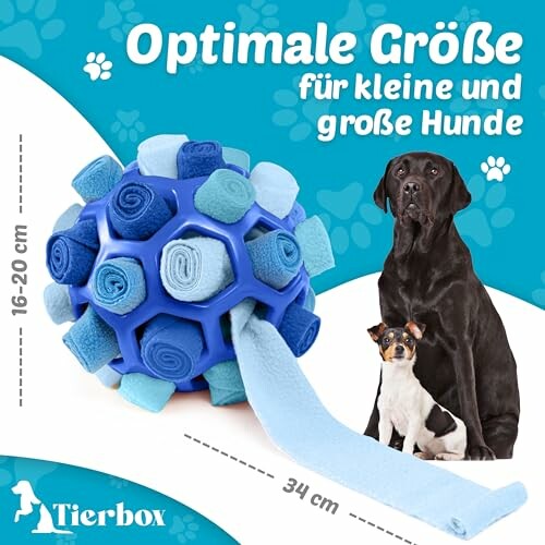 Hundespielzeug mit zwei Hunden und Größenangaben