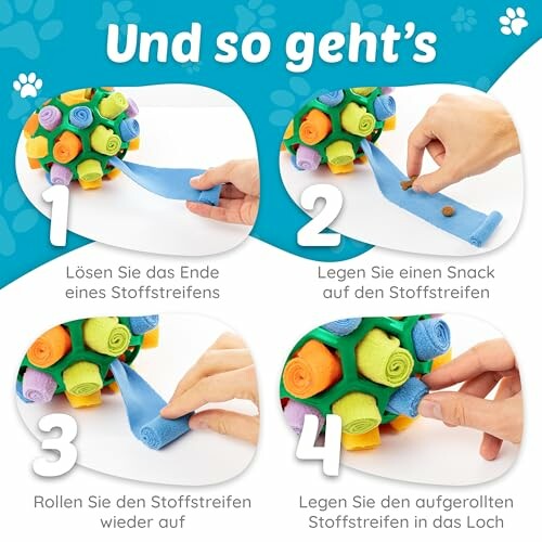 Anleitung zur Verwendung eines interaktiven Hundespielzeugs.