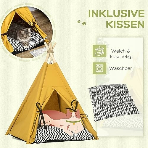 Gelbes Tipi-Zelt für Katzen mit Kissen.