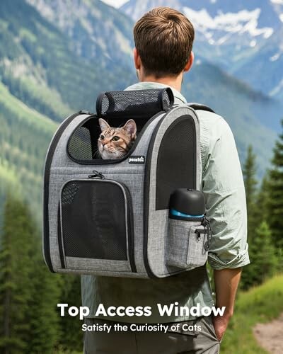 Mann mit Katzenrucksack in den Bergen