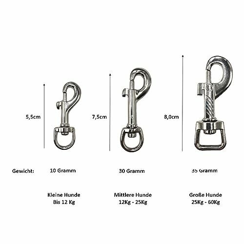 Drei metallische Hundeleinen-Karabiner in verschiedenen Größen.