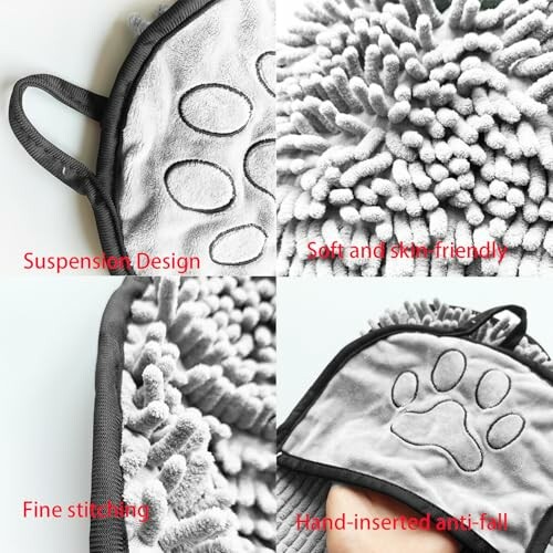 Graues Mikrofasertuch mit Pfotendesign und weicher Struktur.