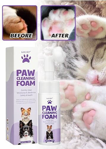 Reinigungsschaum für Tierpfoten mit Vorher-Nachher-Bild