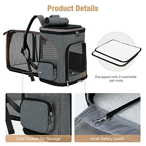 Haustier-Rucksack mit Seitentaschen und Sicherheitsleine.