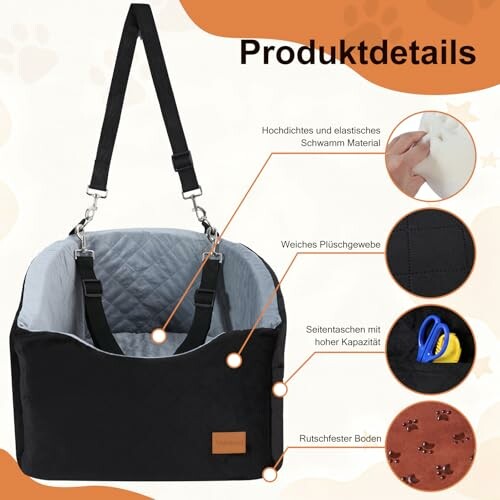 Detaillierte Ansicht einer schwarzen Tiertragetasche mit mehreren Funktionen.