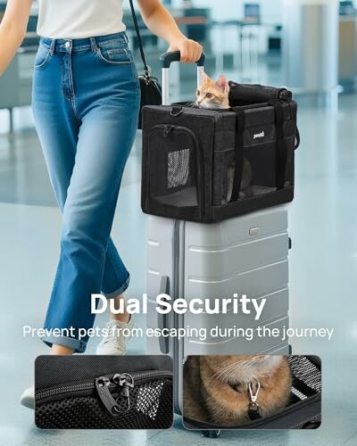 Katze in Tragetasche auf Koffer in Flughafen.