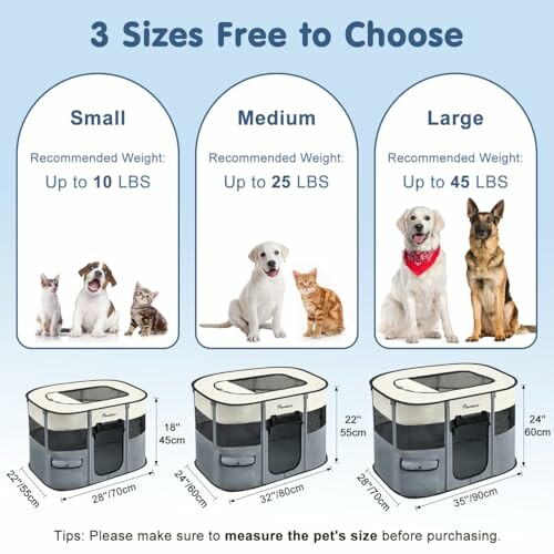 Drei Größenoptionen für Haustiergehege mit Hunden und Katzen.