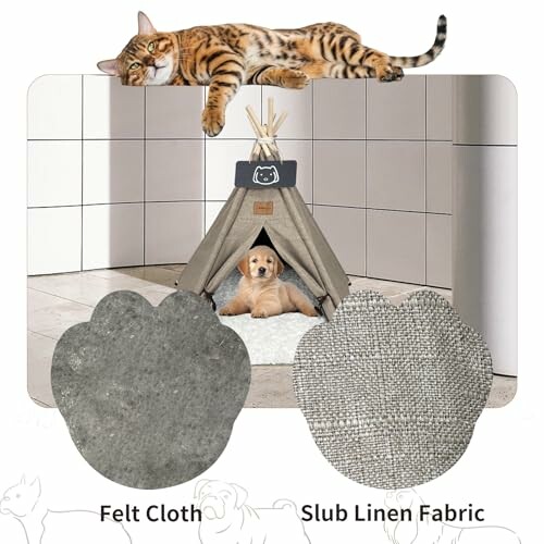 Haustierzelt mit Hund im Inneren und Katze obenauf, Stoffdetails