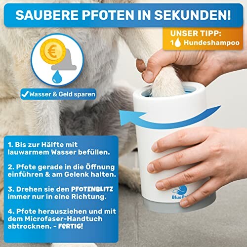 Anleitung zur Reinigung von Hundepfoten mit einem speziellen Becher.