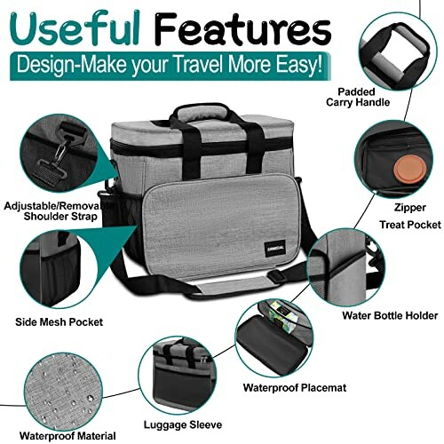 Reisetasche mit gepolstertem Griff, verstellbarem Schultergurt, wasserdichtem Material und mehreren Taschen.