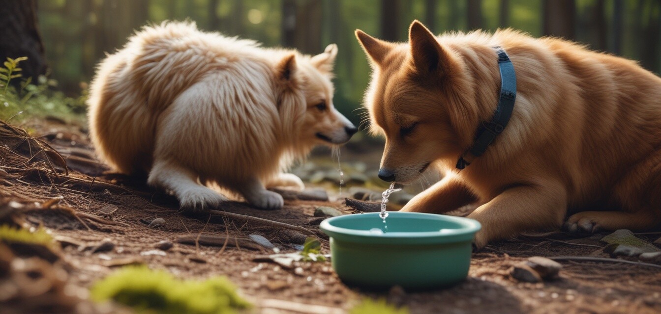 Haustier trinkt Wasser aus einer tragbaren Schüssel während einer Wanderung