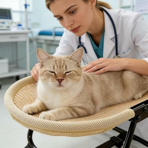 Tierarzt untersucht eine Katze auf einem Tisch.